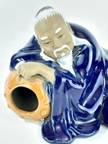 Vintage Chinese Ceramic Li Bai Drunk Poet Reclining Figure Brush Rest Cobalt Blue Glaze 7"