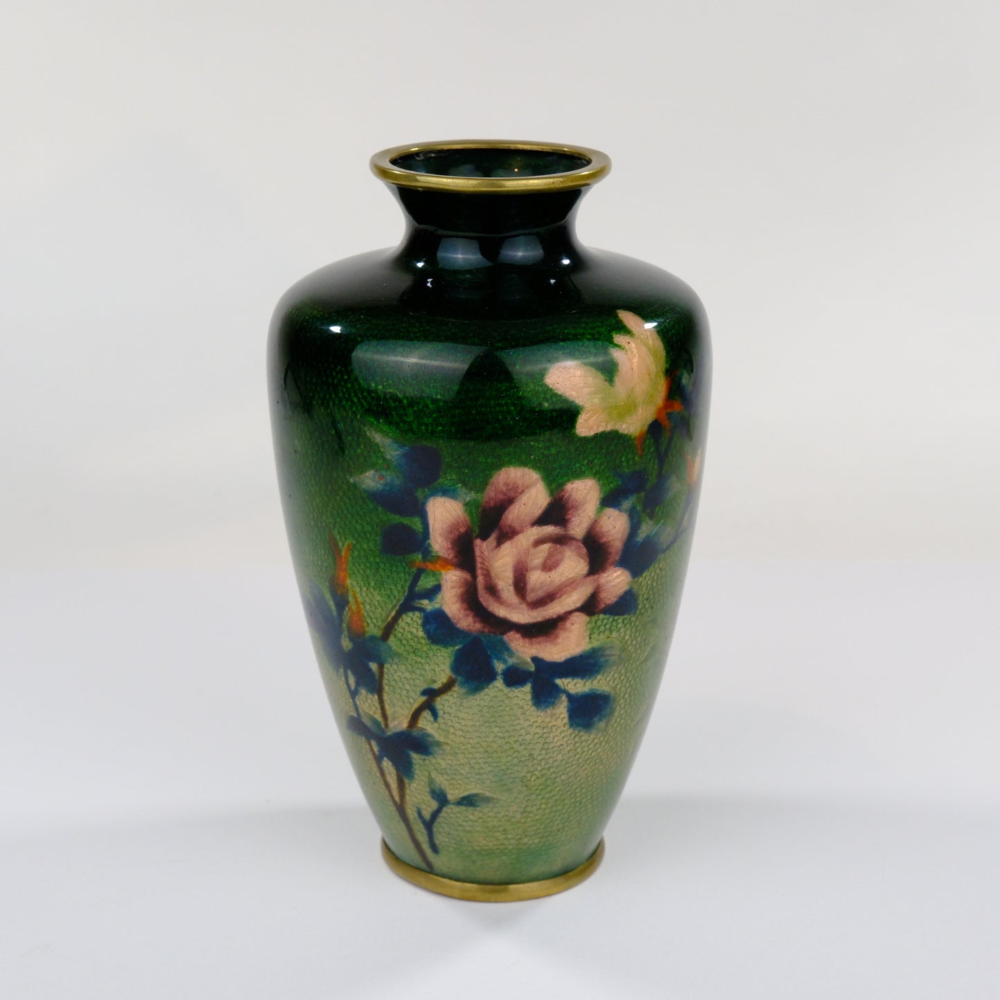 Antique Japanese Meiji Era (c1880) Cloisonné Vase Rose Over Metallic Emerald Green 7”