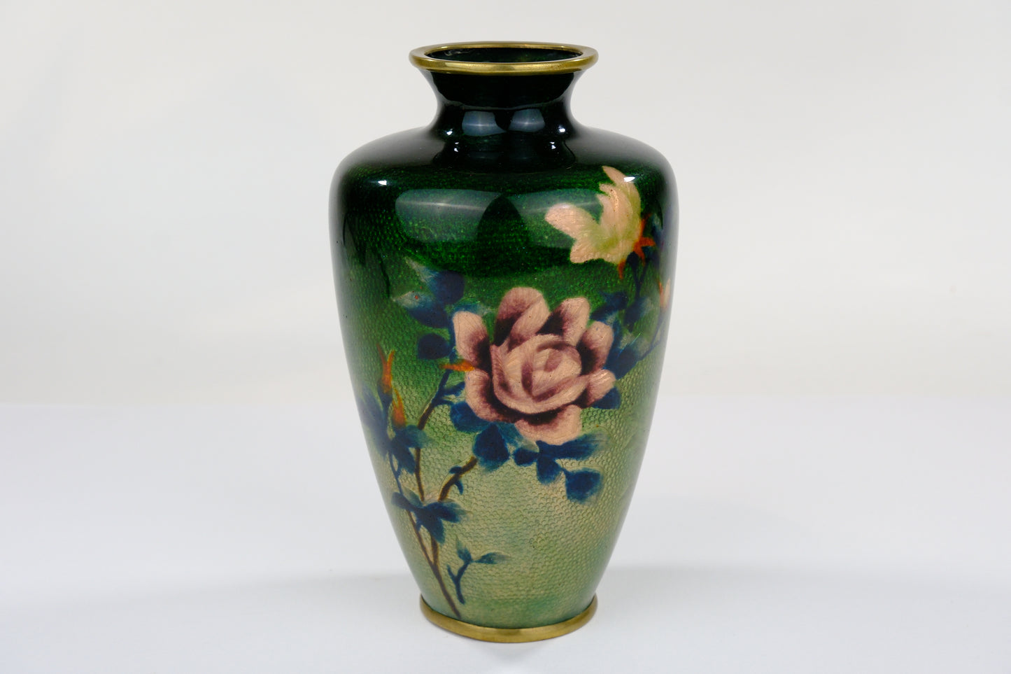 Antique Japanese Meiji Era (c1880) Cloisonné Vase Rose Over Metallic Emerald Green 7”
