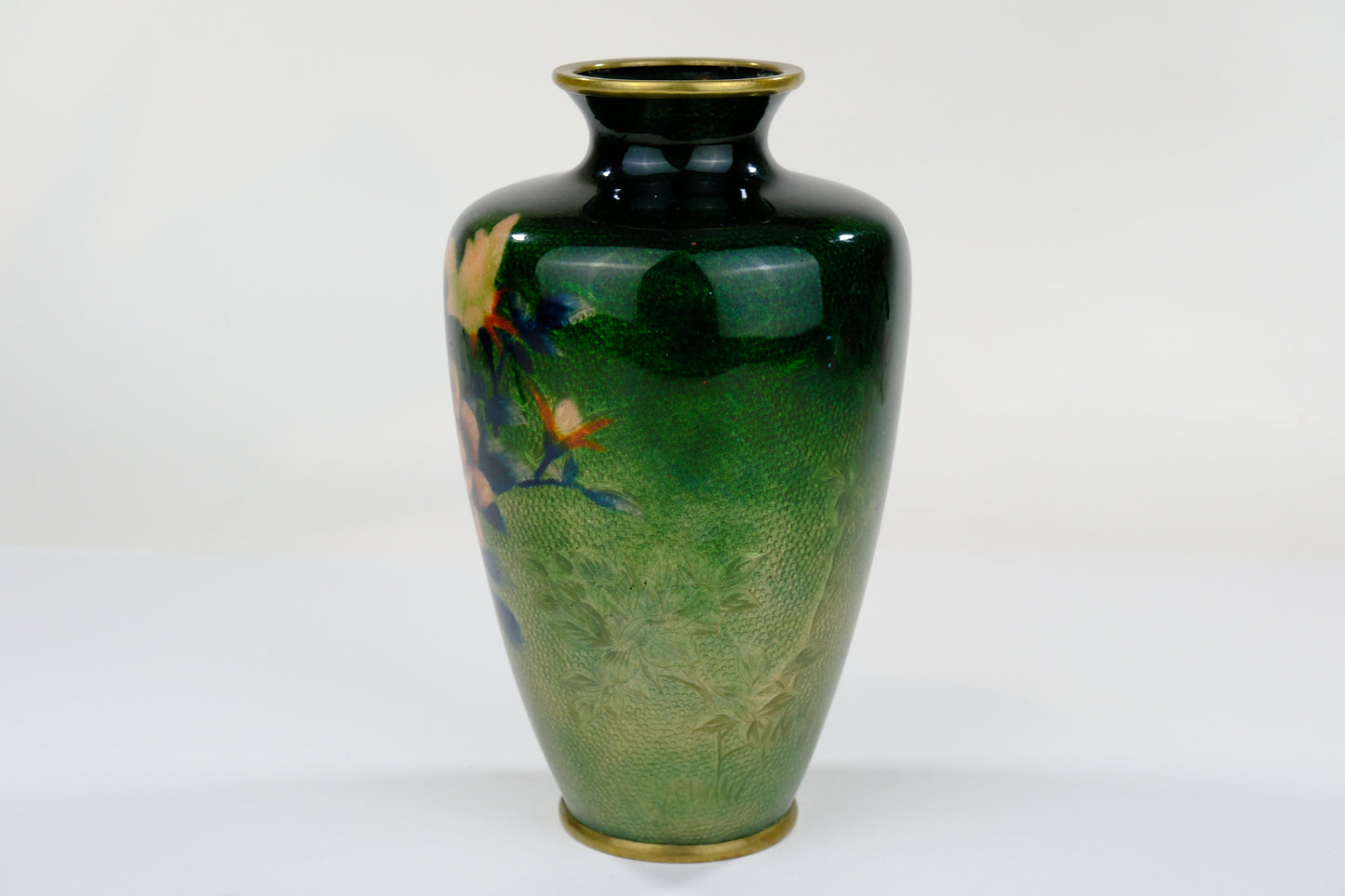 Antique Japanese Meiji Era (c1880) Cloisonné Vase Rose Over Metallic Emerald Green 7”