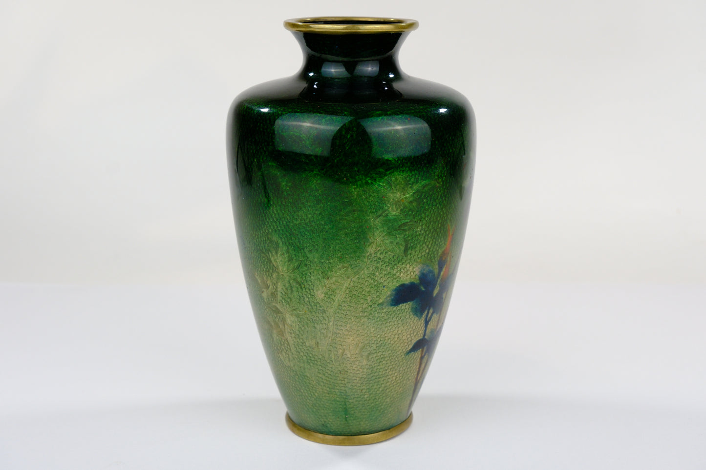 Antique Japanese Meiji Era (c1880) Cloisonné Vase Rose Over Metallic Emerald Green 7”