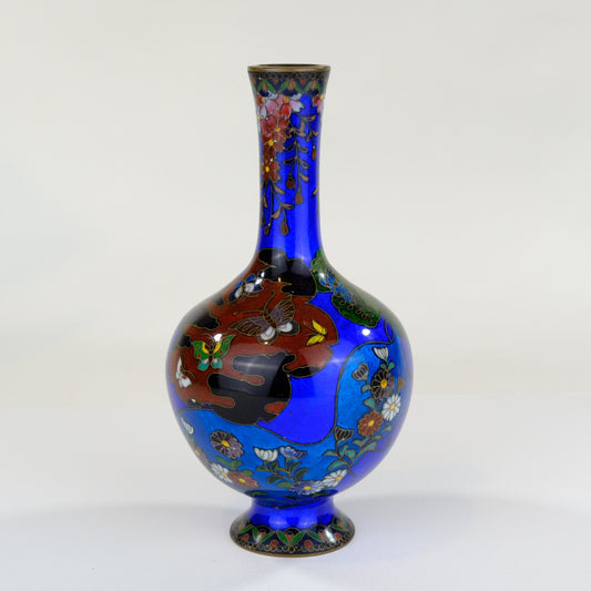 Antique Japanese Meiji Era (c1880) Cloisonné Vase Cobalt Blue 7”