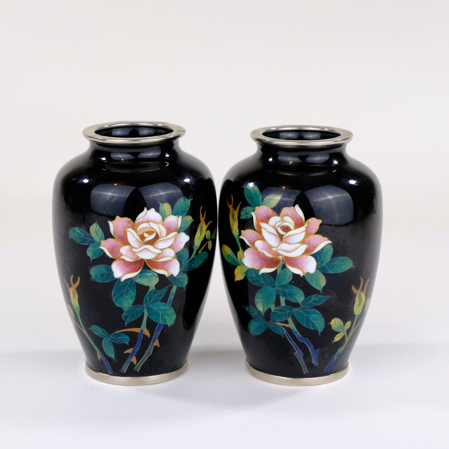 Antique Japanese Meiji Era (c1880) Cloisonné Vases x2 PAIR Pink Roses Black   3.5”