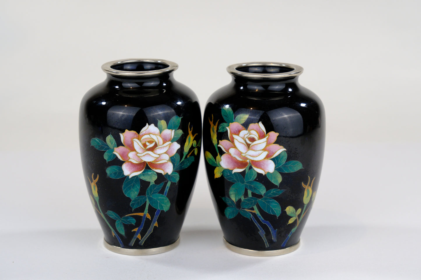 Antique Japanese Meiji Era (c1880) Cloisonné Vases x2 PAIR Pink Roses Black   3.5”