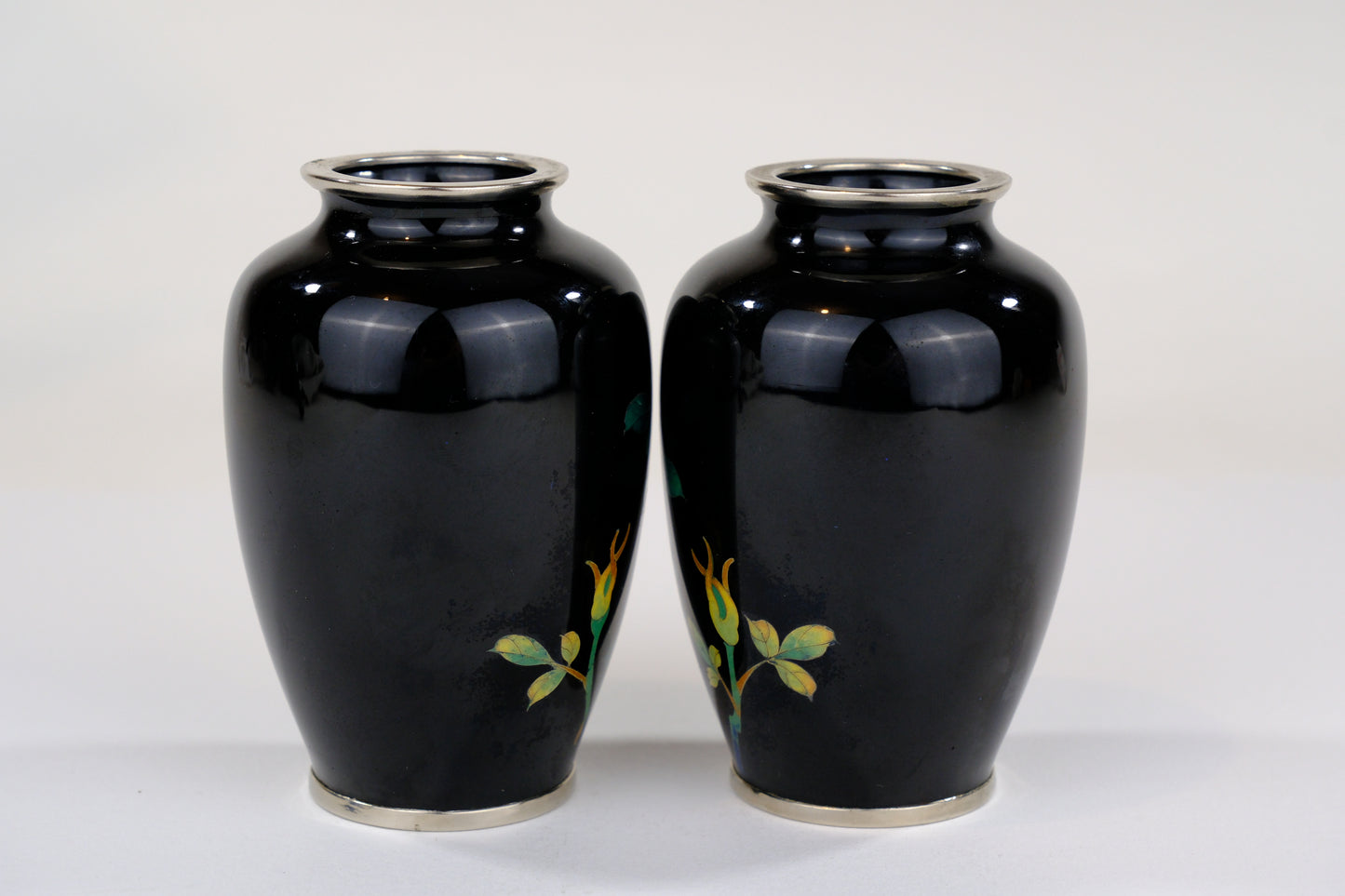 Antique Japanese Meiji Era (c1880) Cloisonné Vases x2 PAIR Pink Roses Black   3.5”