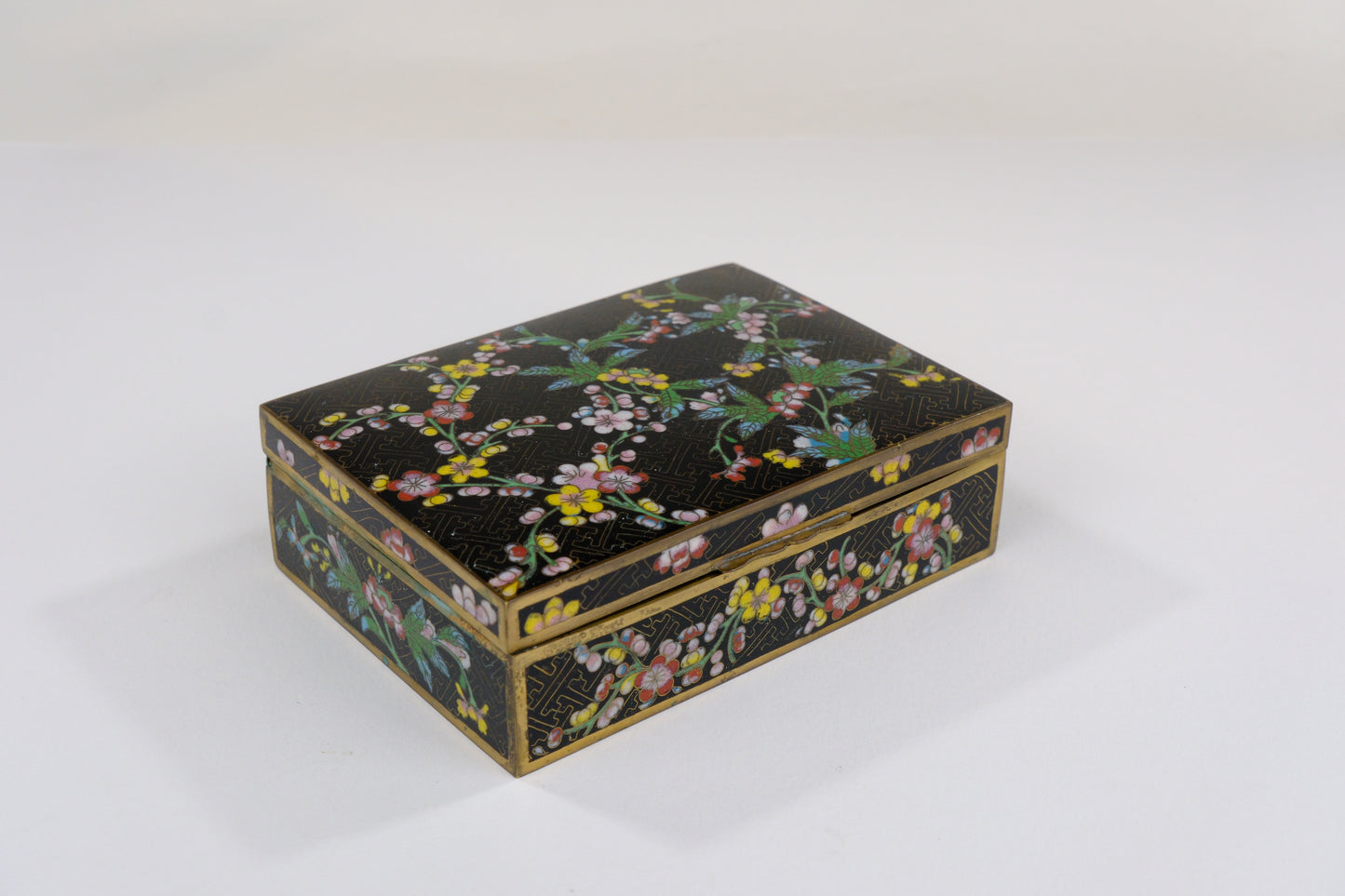 Antique Chinese c1910's Cloisonné Hinged Box w/ Floral Motif on Black 5"