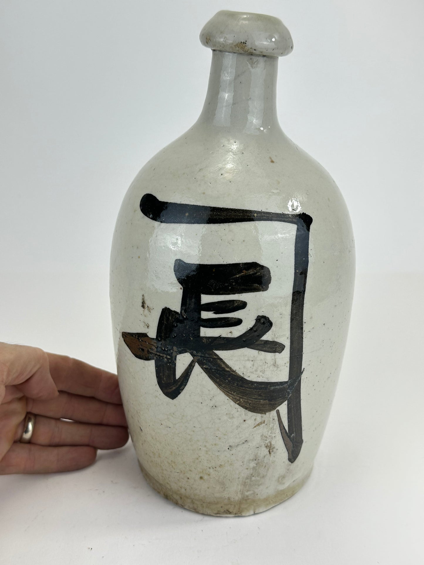 Antique Japanese 1800's Tokkuri Sake Jug Calligraphy Ceramic Mingei Vase 10"