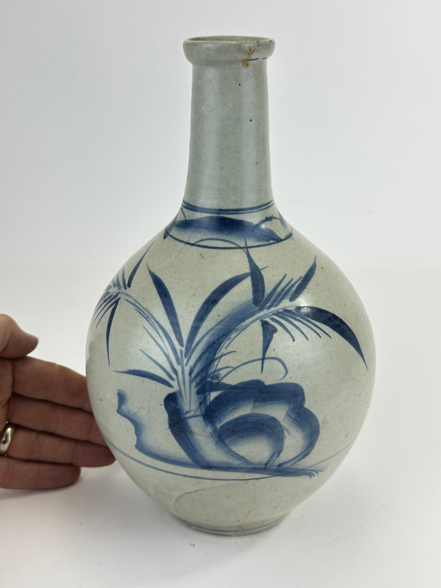 Antique Japanese Blue and White Porcelain Tokkuri with Grass Motif 10"