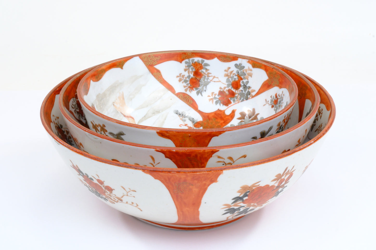 Antique Japanese Kutani Aka-e Nesting Bowl Set Three Karako Children Peony Meiji 10"W