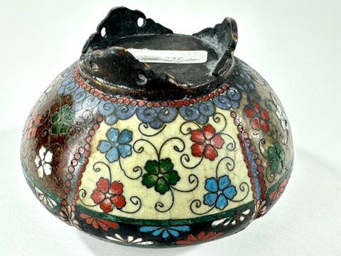 Japanese Meiji Cloisonne Shippo Vase Phoenix Floral Three Feet Red Brown 3"H