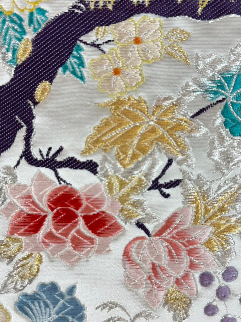 Vintage Japanese Silk Fukuro Obi Embroidered Phoenix Peony Blossom 13'L