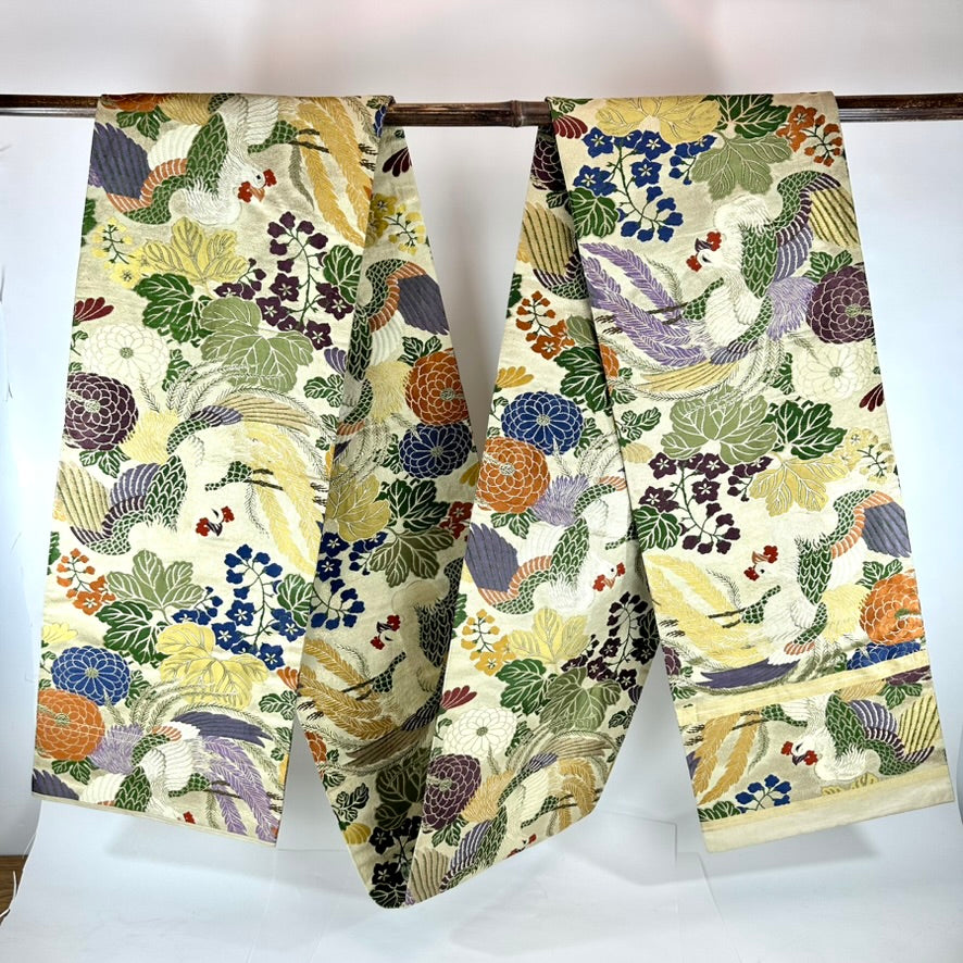 Antique Japanese Silk Maru Obi Taisho Phoenix Chrysanthemum Gosho 13'L