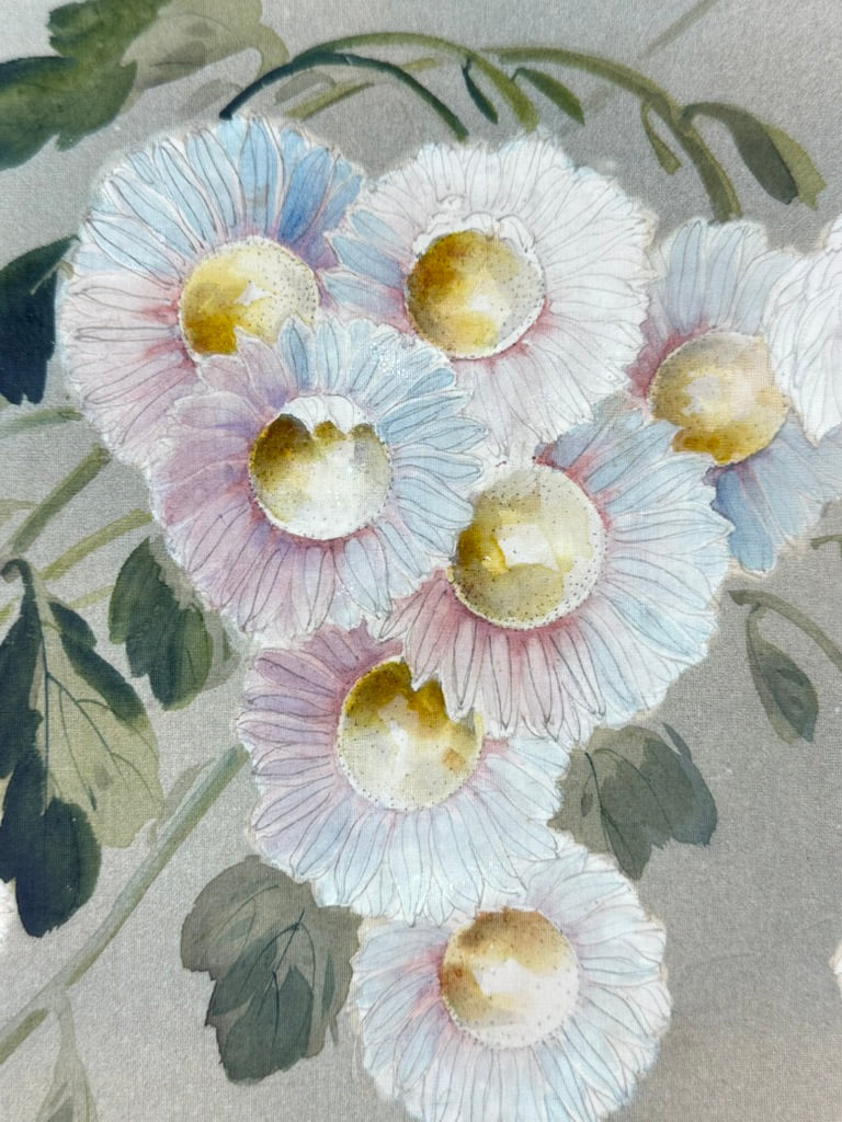 Antique Asian Kacho-ga Silk Painting Chrysanthemums and Butterfly 17x21