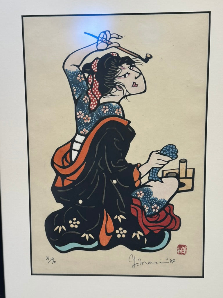 Vintage Japanese Kappazuri Print Yoshitoshi Mori Bijin with Kiseru Smoking Beauty 1984 Ed 31/90