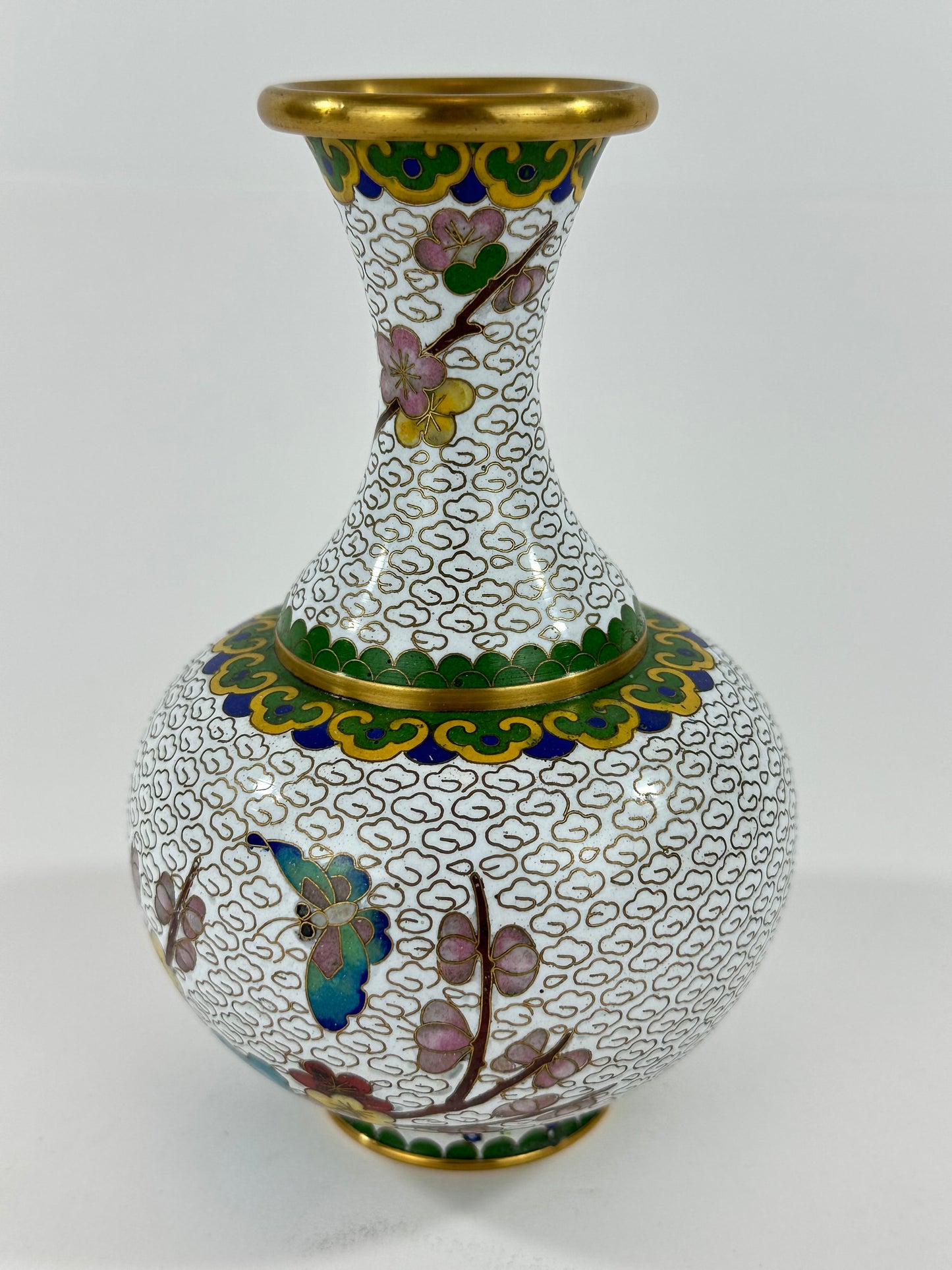 Vintage Chinese White Cloisonné Vase w/ plum blossoms 6”