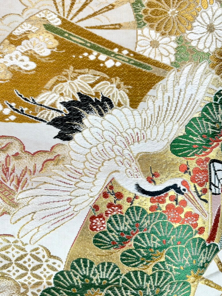Antique Japanese Silk Maru Obi Gold Brocade Crane Fan Pine Nishijin 13'L