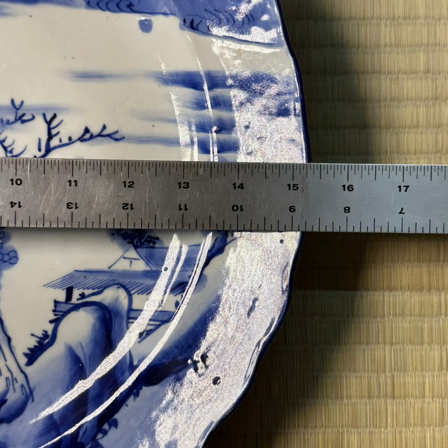 Antique Japanese Blue & White Porcelain Plate Shanshui Landscape Scalloped Rim 14"W