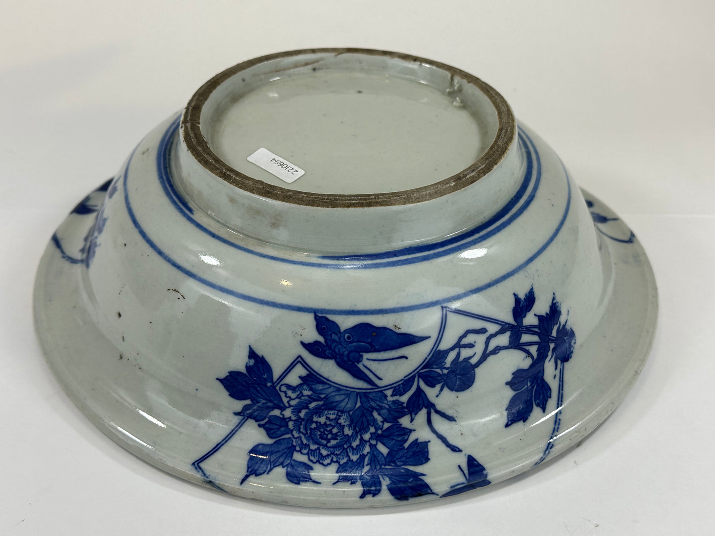 Antique Meiji Hand Painted Imari Japanese Ceramic Bowl Blue & White 11”