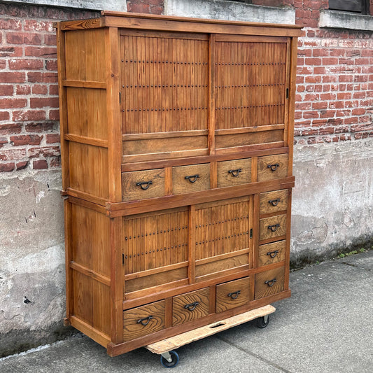 Antique Japanese Keyaki Sugi Merchant Tansu Sliding Door Cabinet Meiji 54"W
