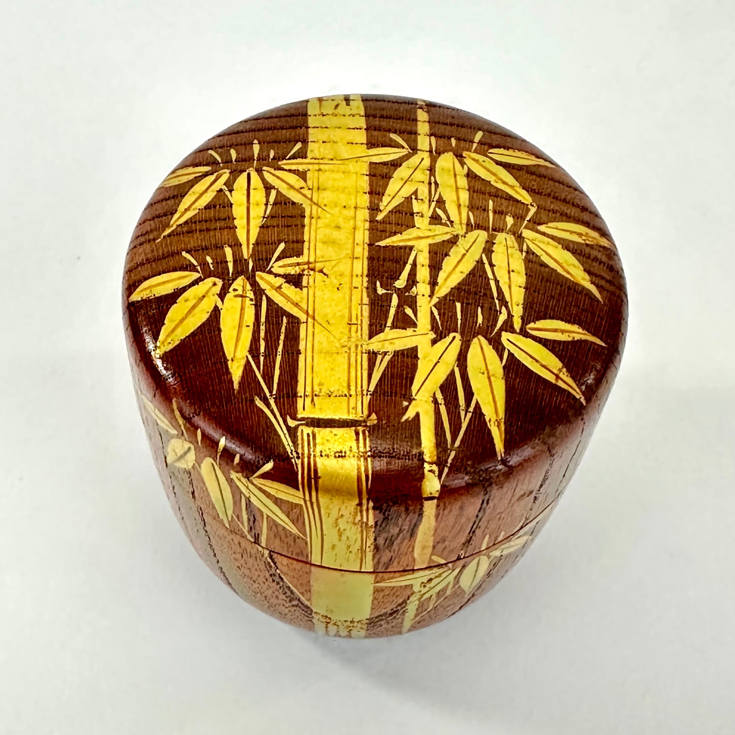Japanese Keyaki Wood Natsume Tea Caddy with Gold Bamboo Design 2.5"