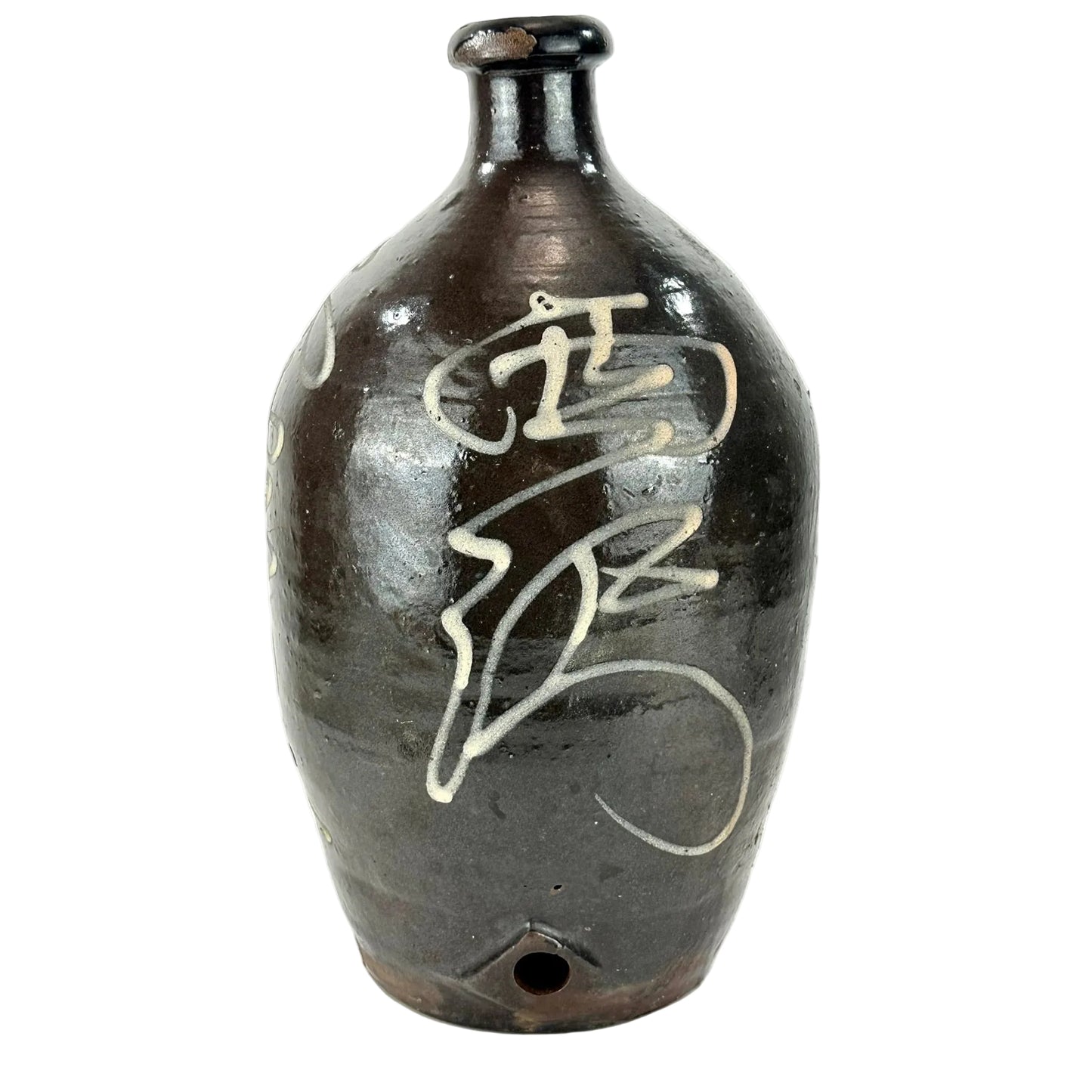 Antique Japanese Dark Glazed Stoneware Tokkuri Sake Jug White Slip Calligraphy Tap Hole Meiji 14"H