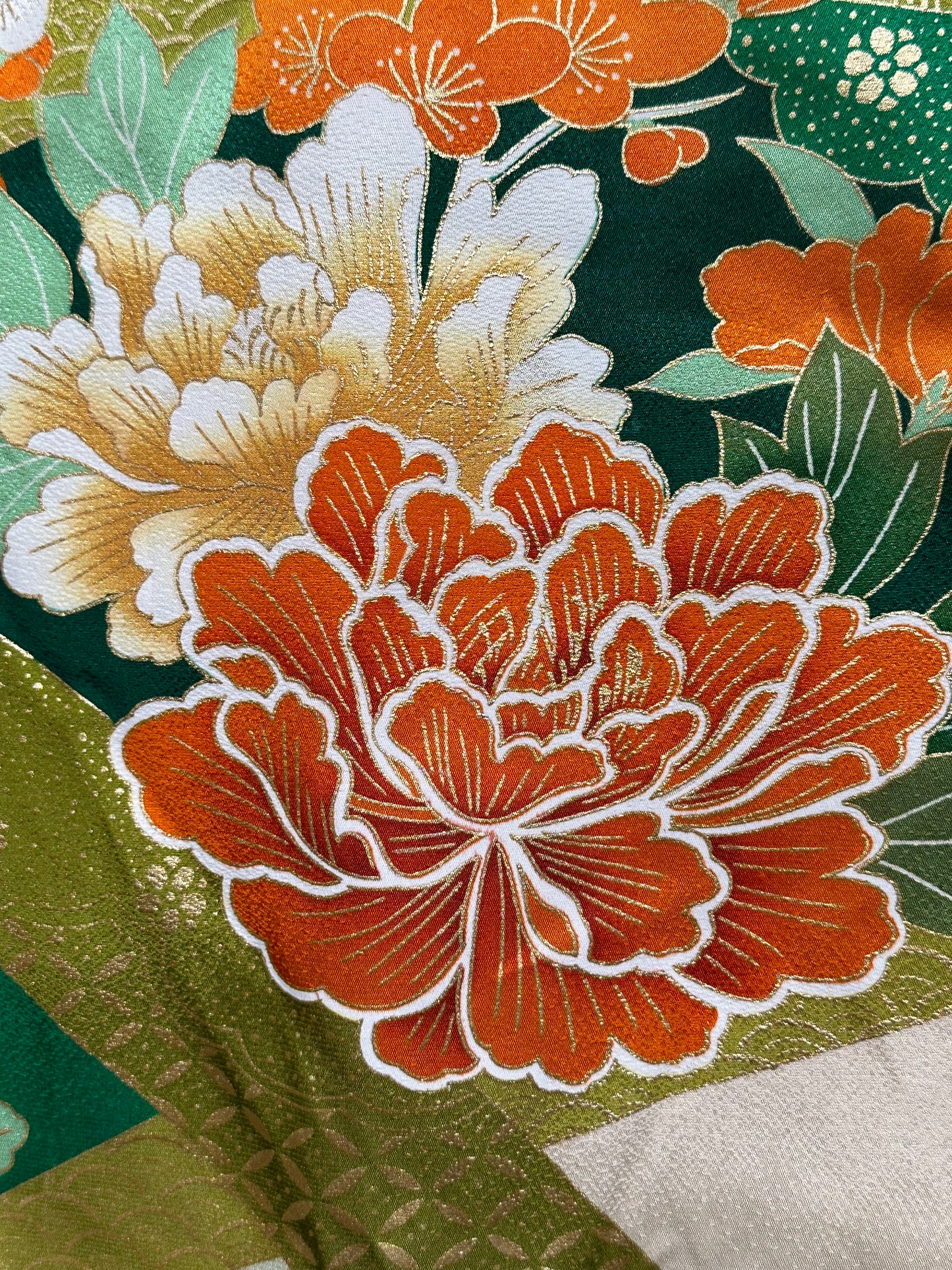 Vintage Japanese Furisode Silk Kimono Soft Green Peonie Motif