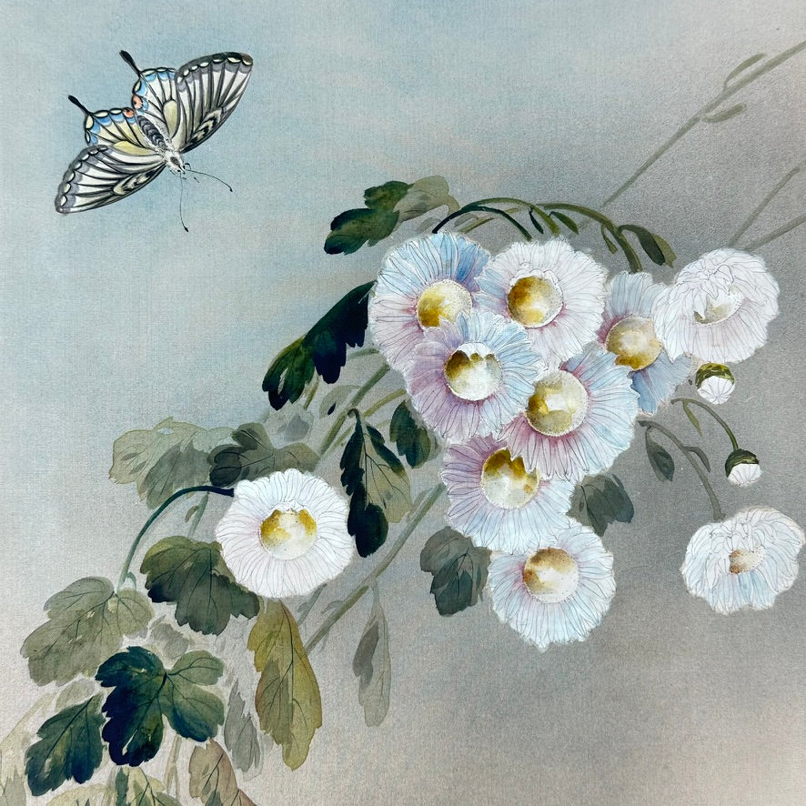 Antique Asian Kacho-ga Silk Painting Chrysanthemums and Butterfly 17x21