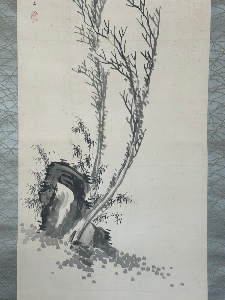 Antique Japanese c1912 Kakejiku Hanging Scroll Wild Bamboo Frost Branch Sumi Ink Signed 76"L