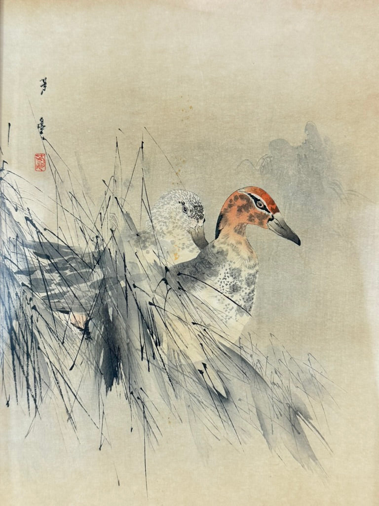 Antique Japanese Watanabe Shotei Woodblock Print Ducks in Marsh Grass 18"H