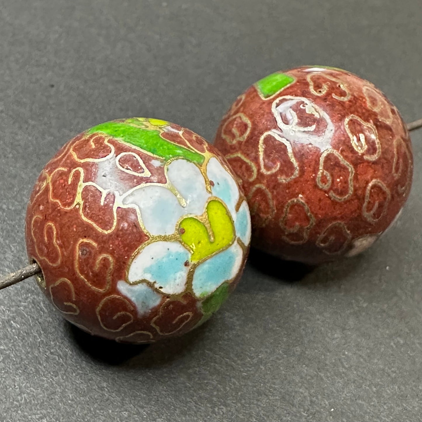 One Vintage Chinese Cloisonne Red Floral Bead 18mm Glass Enamel Jewelry