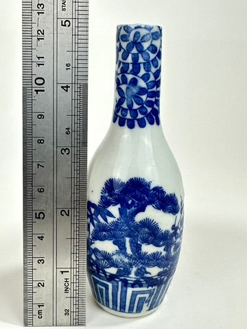 Antique Japanese Imari Blue White Porcelain Butsugu Tokkuri Altar Vase Pine 19thC 5"H