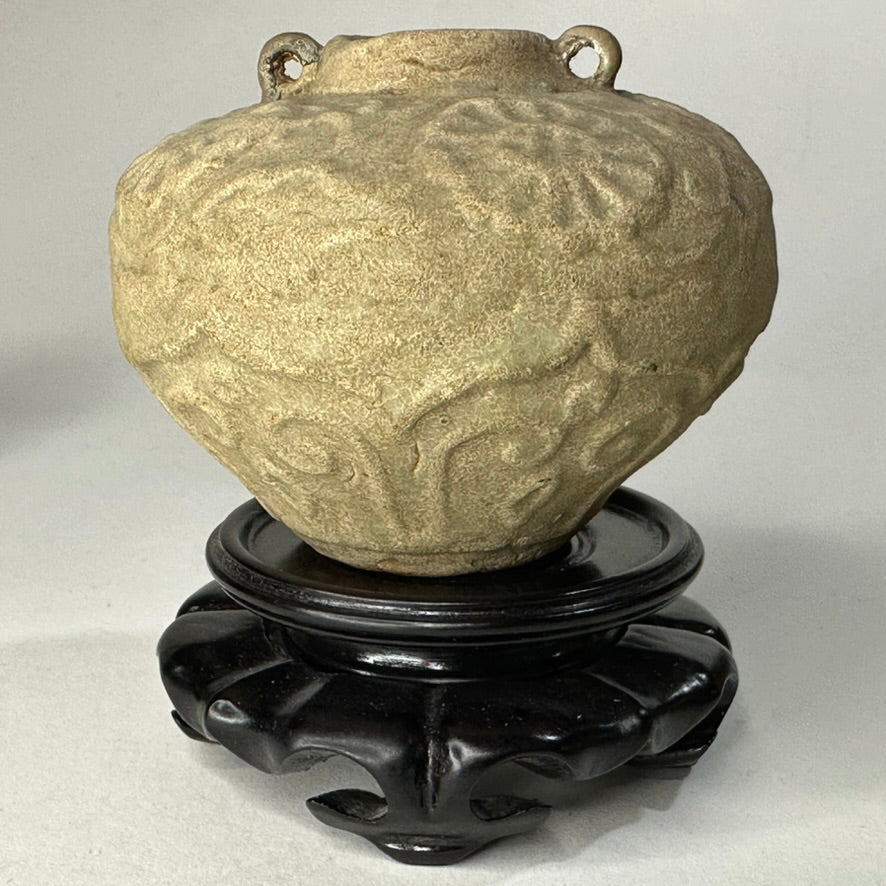 Southeast Asian Unglazed Stoneware Jar Stamped Floral Rosette Decoration Ring Handles Hardwood Stand 3.5"