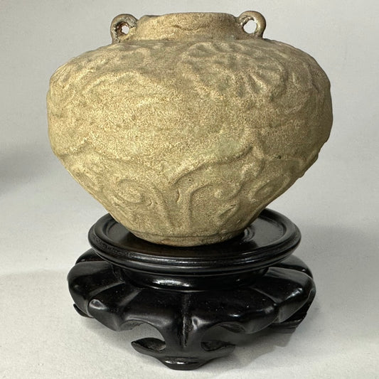 Southeast Asian Unglazed Stoneware Jar Stamped Floral Rosette Decoration Ring Handles Hardwood Stand 3.5"