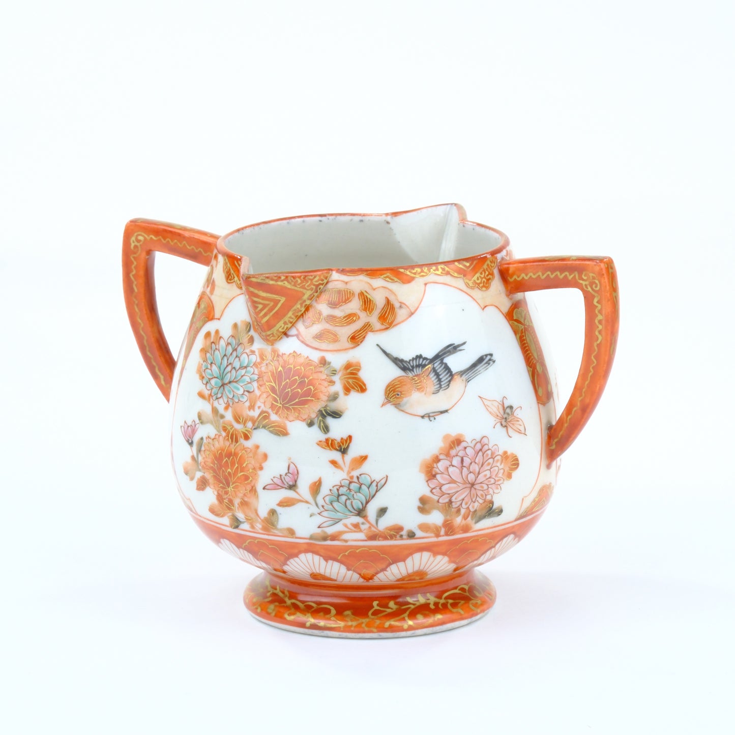 Antique Japanese Kutani Dai Nippon Porcelain Sugar Bowl Sparrow Chrysanthemum Meiji 4H