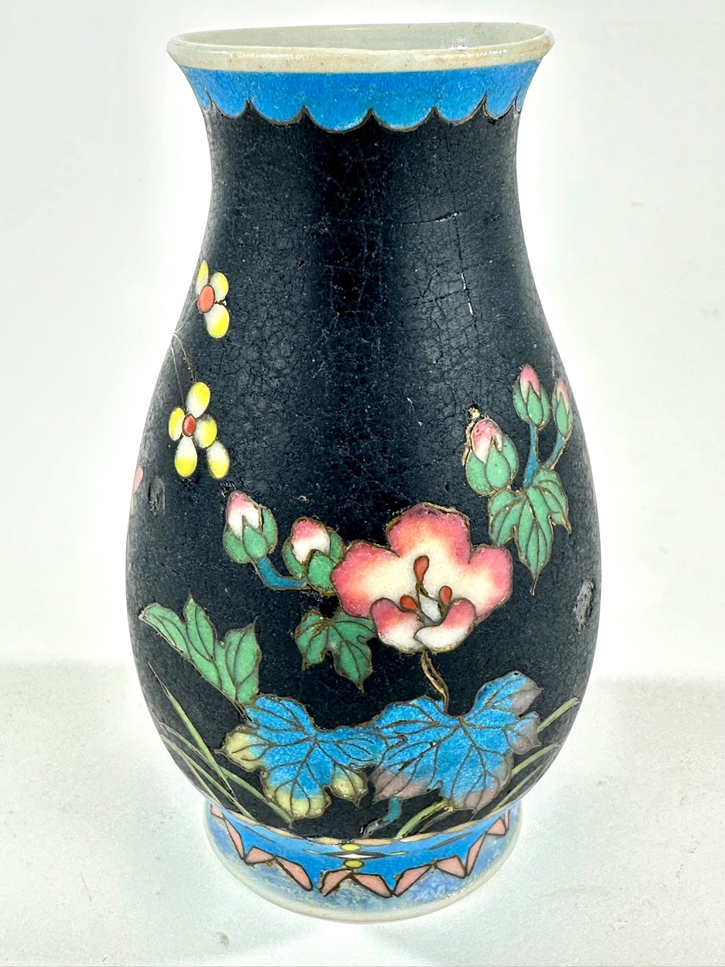 Japanese Meiji Taisho Totai Shippo Ceramic Cloisonne Vase Black Ground Pink Floral 5"H