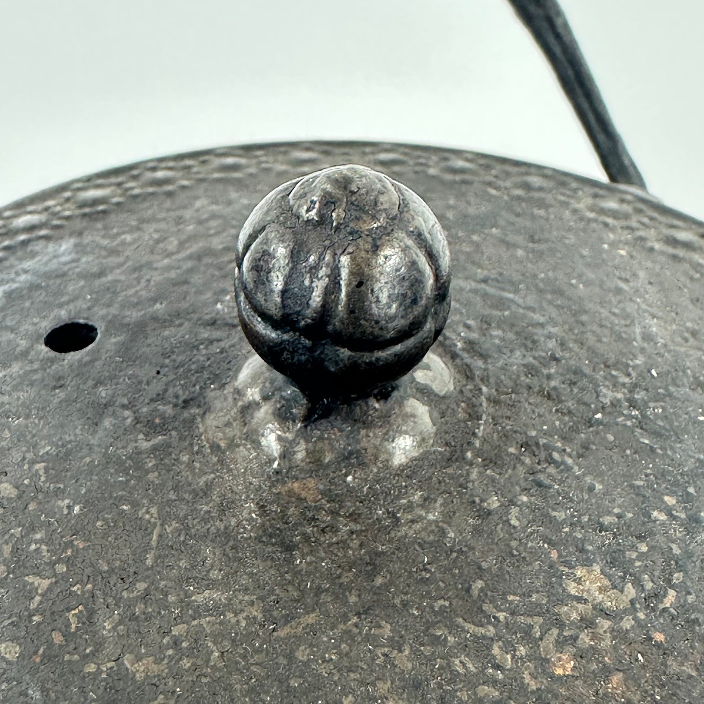 Japanese Antique Tetsubin Round with Hexagon Hail Stone Pattern 6"H
