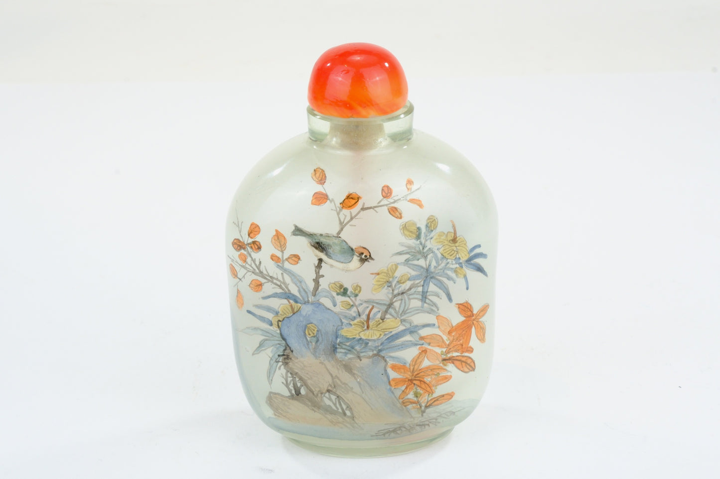 Chinese Clear Glass Interior Painted Snuff Bottle Bird Flower Rock Carnelian Stopper