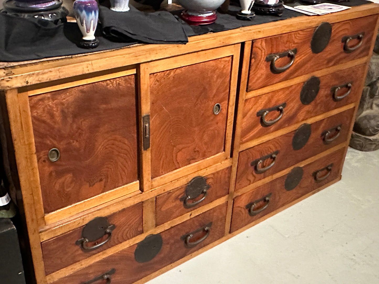 Antique Japanese Tansu Meiji Era (1868-1912) Keyaki Elm Tansu Chest 65"W