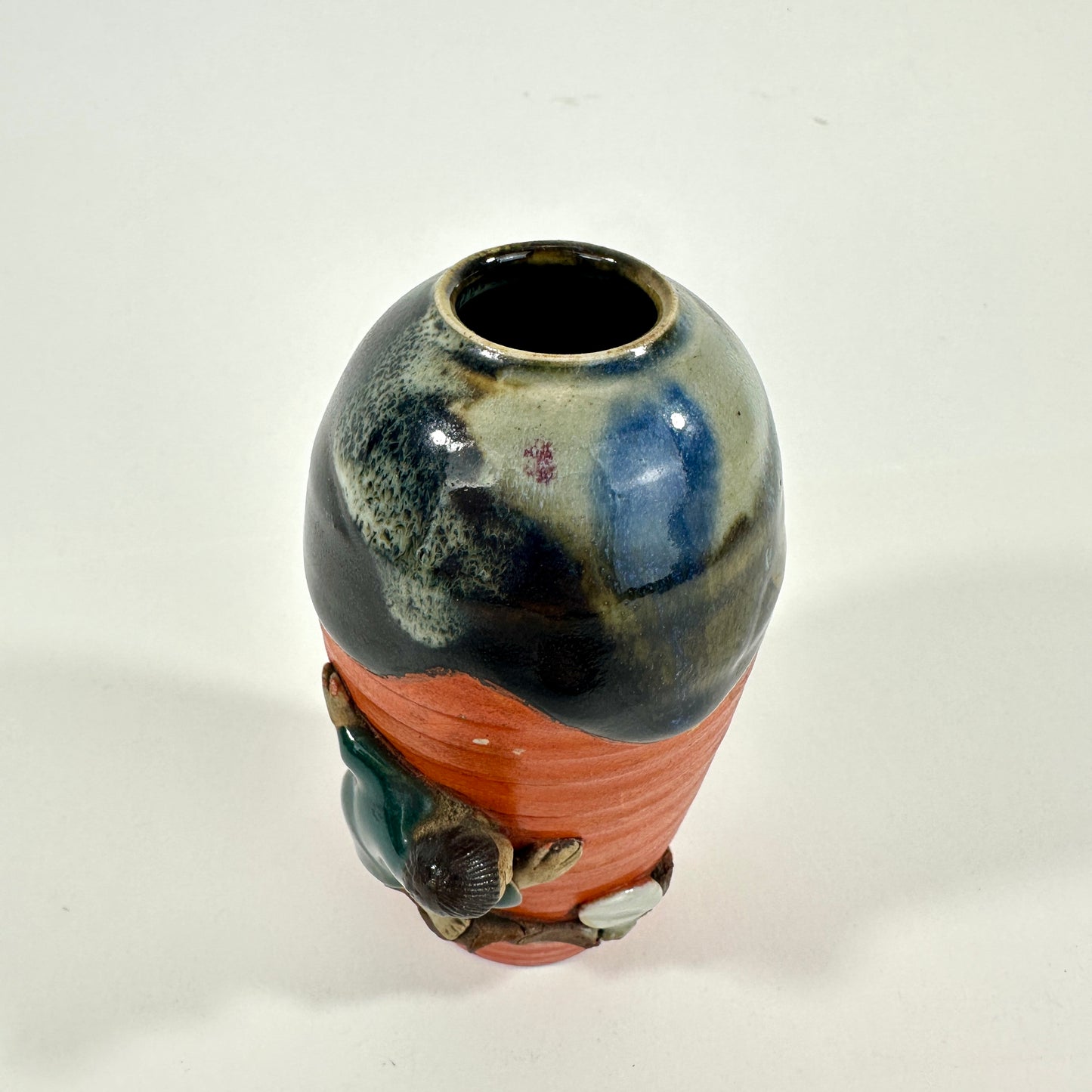 Antique Japanese Sumida Gawa Pottery Vase Figure Boy Red Orange Black Flambe Glaze Meiji 4.5"H