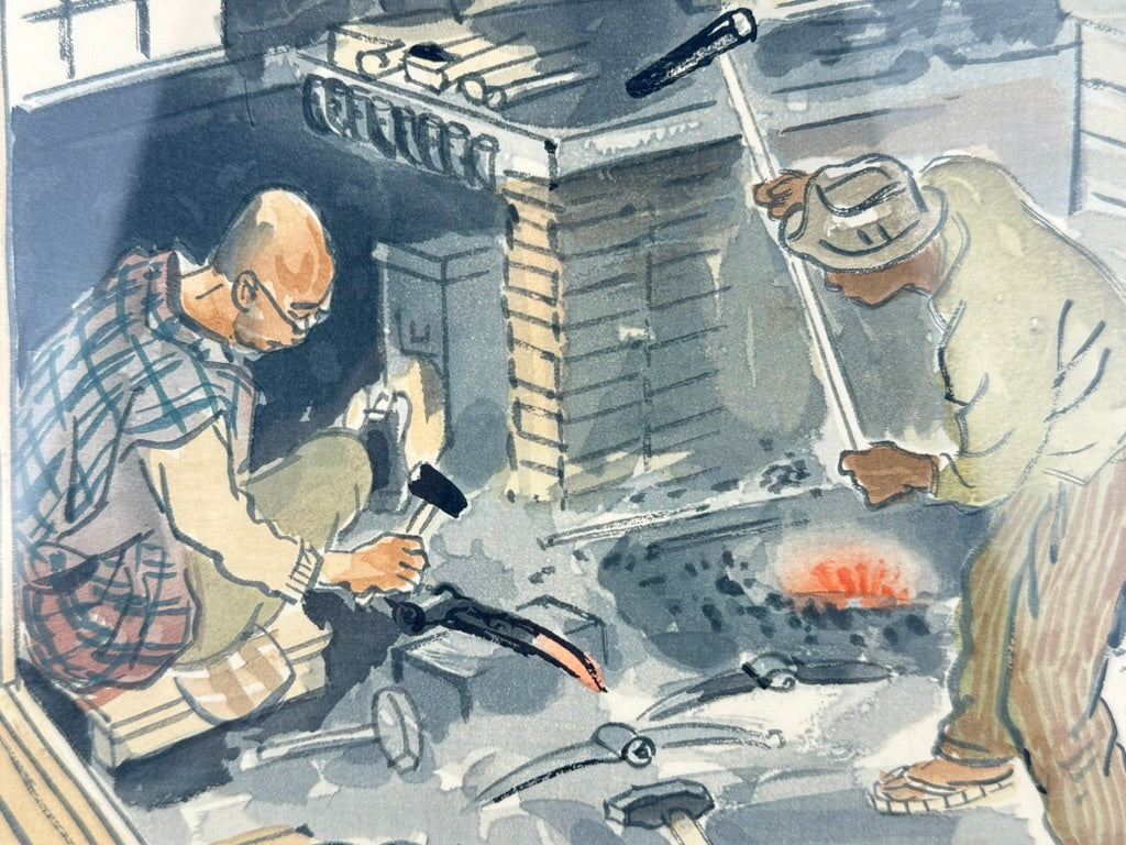 Original Wada Sanzo c.1939 Woodblock Print Blacksmith Kaji Swordsmith Showa #13 18"W LS#012
