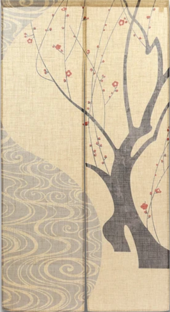 New Japanese Noren Curtain Red Plum Flowing Water Slub 150cm Made in Japan