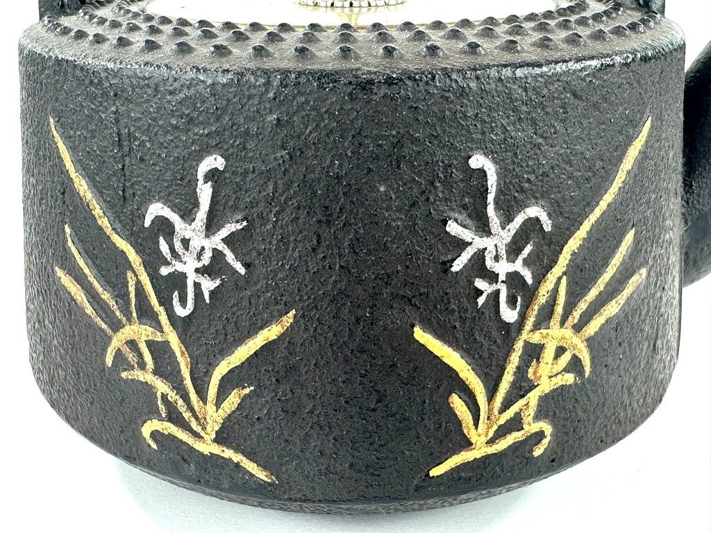 Vintage Japanese Cast Iron Tetsubin Wa Harmony Kanji Gold Orchid Brass Lid Showa 7.5"W LS#147