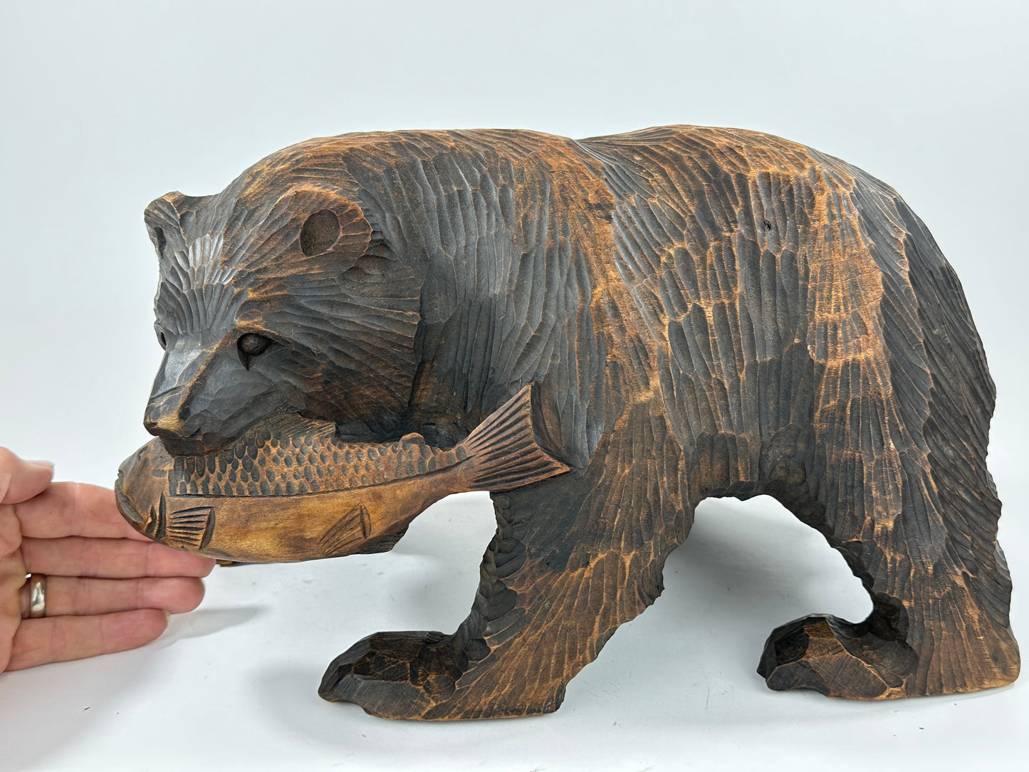 Vintage Japanese Ainu Bear Kuma w/ Salmon Signed & Dated 1972 Sugi Wood ~13"