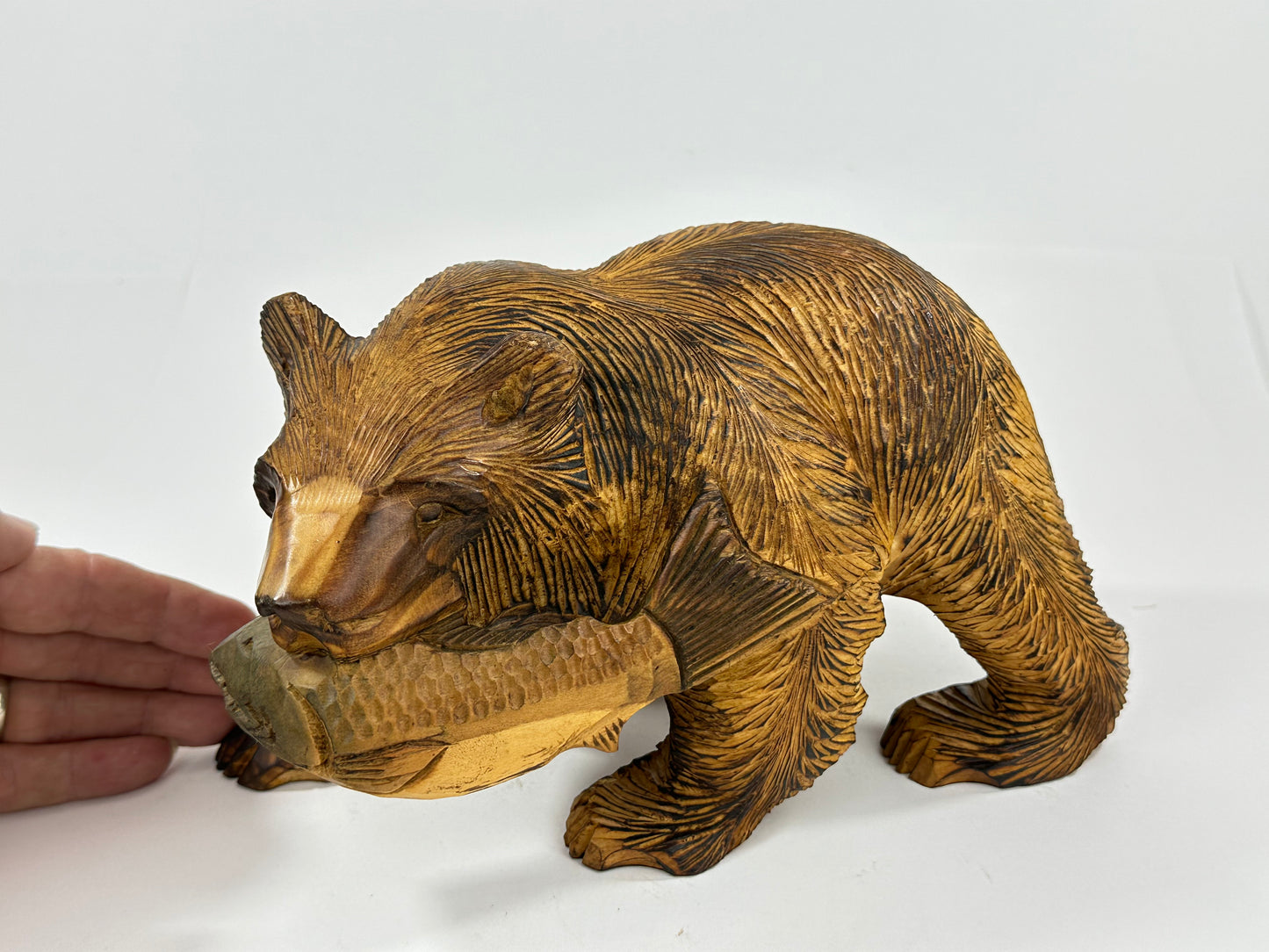 Vintage Japanese Ainu Bear Kuma w/ Salmon Signed Sugi Wood ~9"