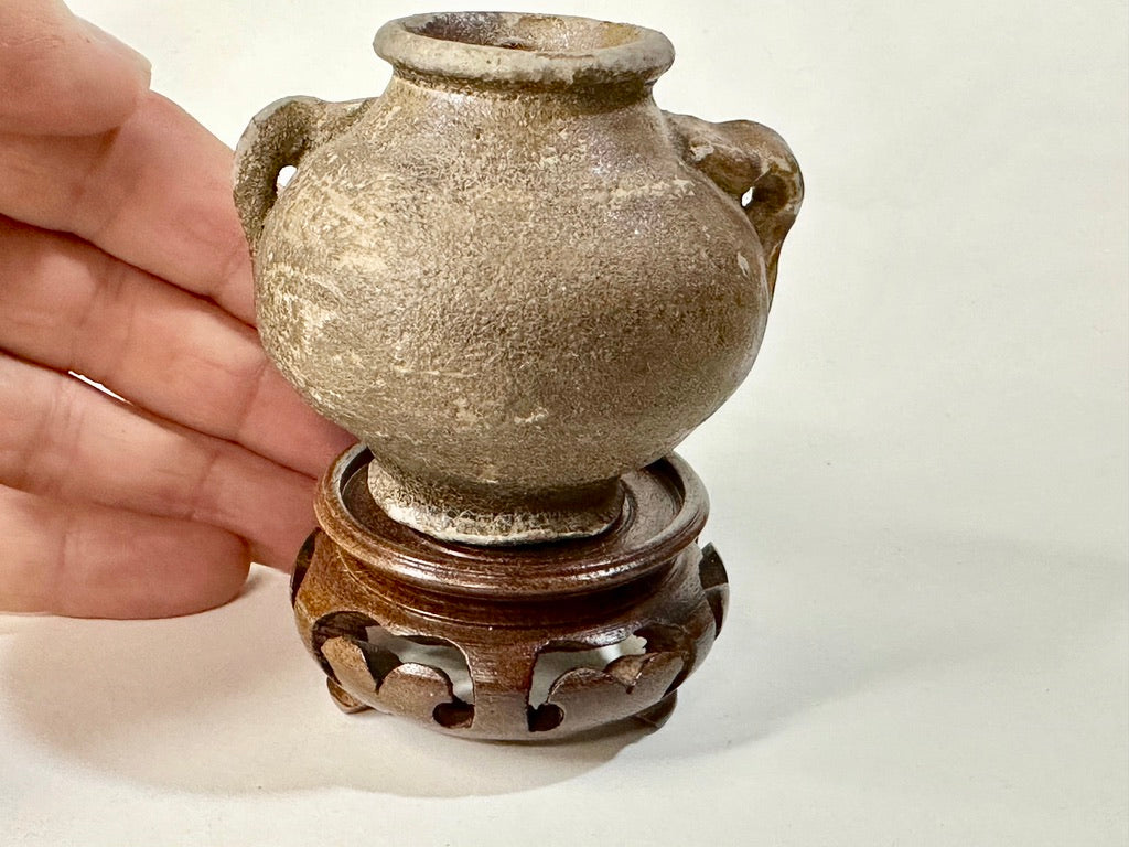 Southeast Asian Stoneware Miniature Jar Double Loop Handles Hardwood Stand 3"H