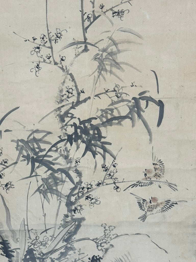 Antique Japanese Kakejiku Hanging Scroll Sparrow Bamboo Prunus Kacho-ga Ink 76"L