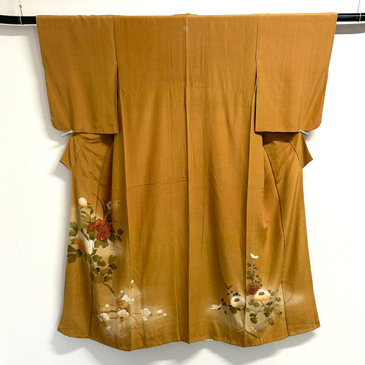 Vintage Japanese Silk Tomesode Kimono Yuzen Botan Peony Gold Amber Showa