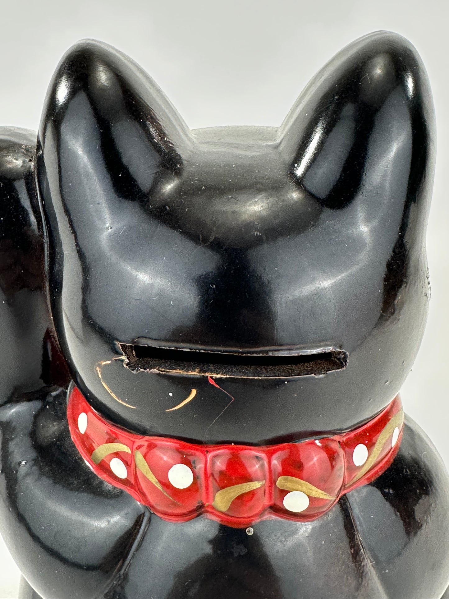 Vintage Japanese Black Ceramic Maneki Neko Fortune Cat Lucky Coin Bank 7"H