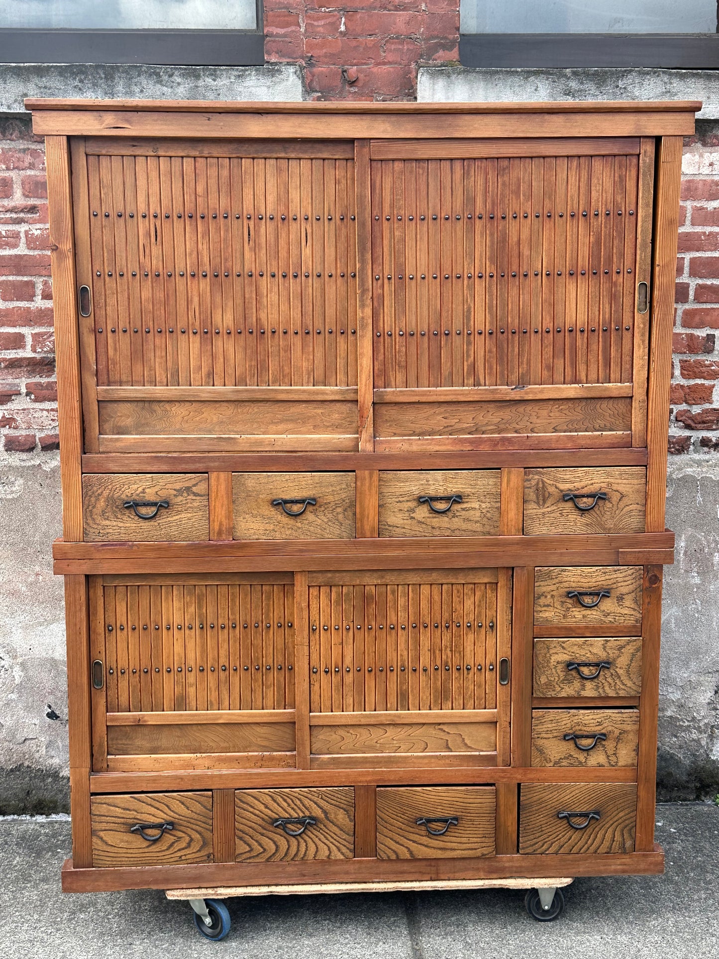 Antique Japanese Keyaki Sugi Merchant Tansu Sliding Door Cabinet Meiji 54"W