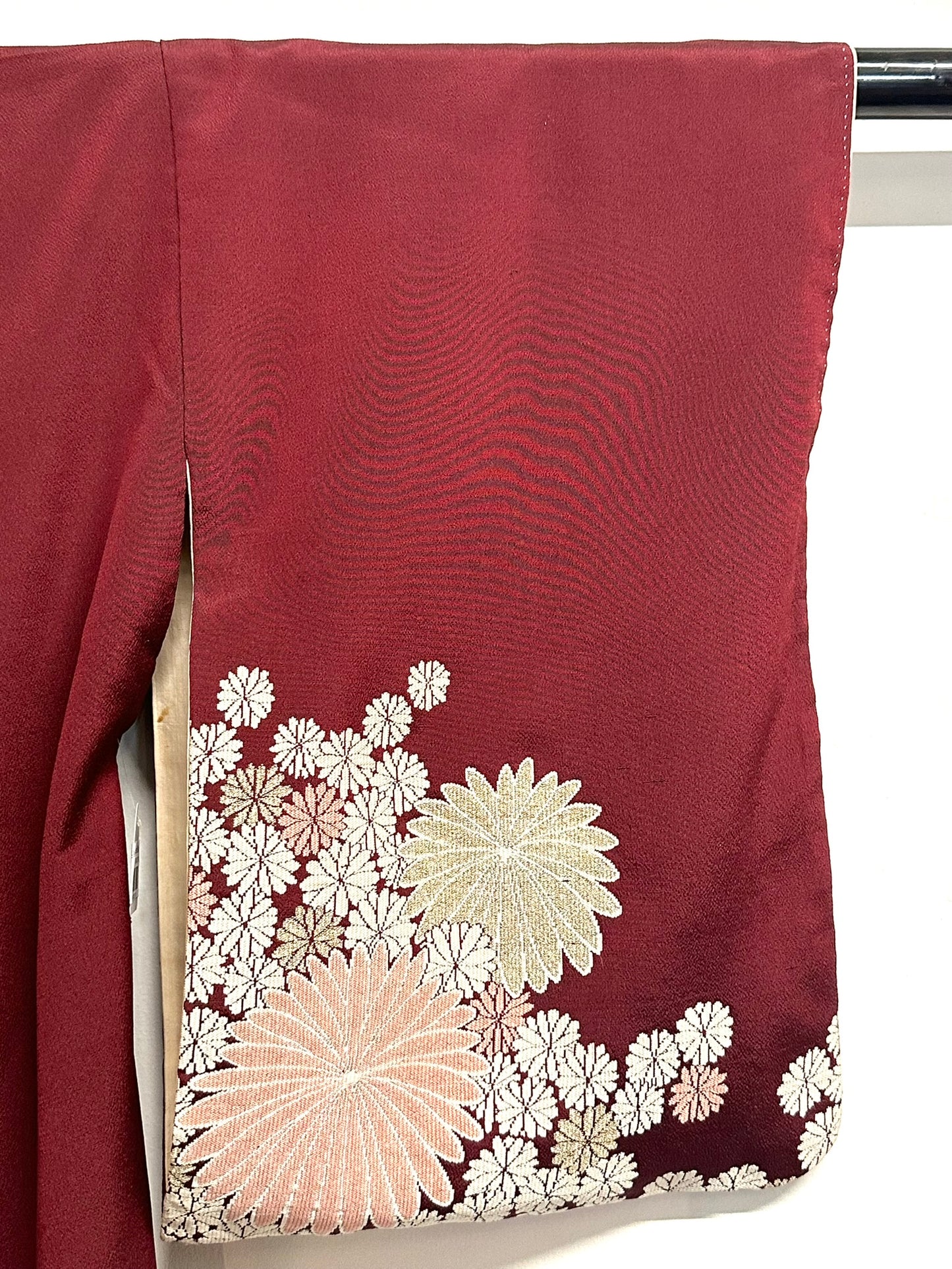 Vintage Japanese Silk Brocade Kimono Woven Kiku Chrysanthemum Burgundy Showa